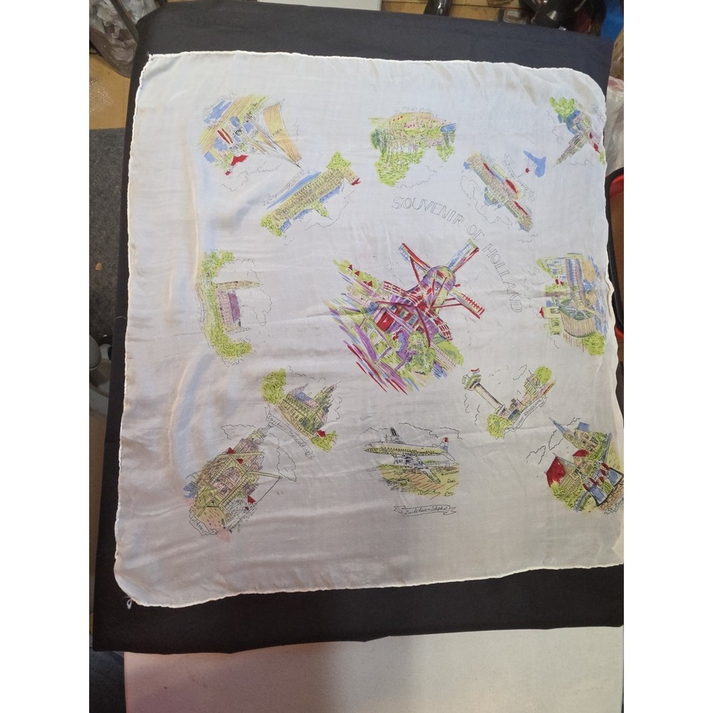 Vintage Souvenir Scarf Holland Windmill Dutch Landmarks Travel Collectible Retro
